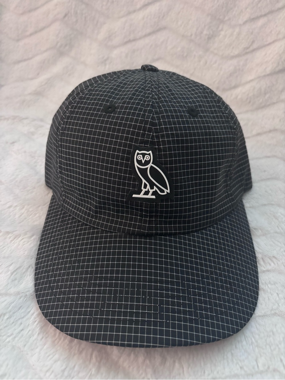 OVO Black Nylon Grid Owl Patch Sports Cap